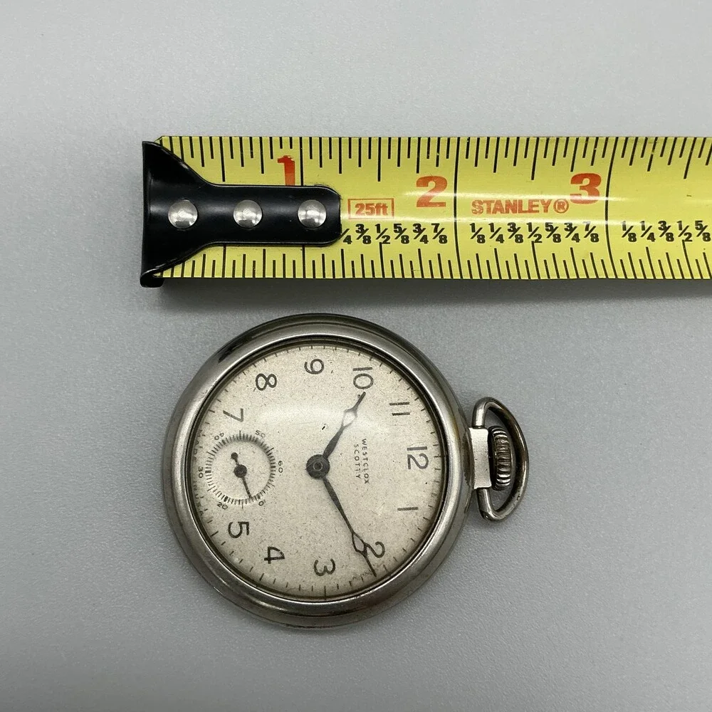 Vintage Westclox Scotty Pocket Watch Men 50mm Silver Tone White Dial Manual Wind